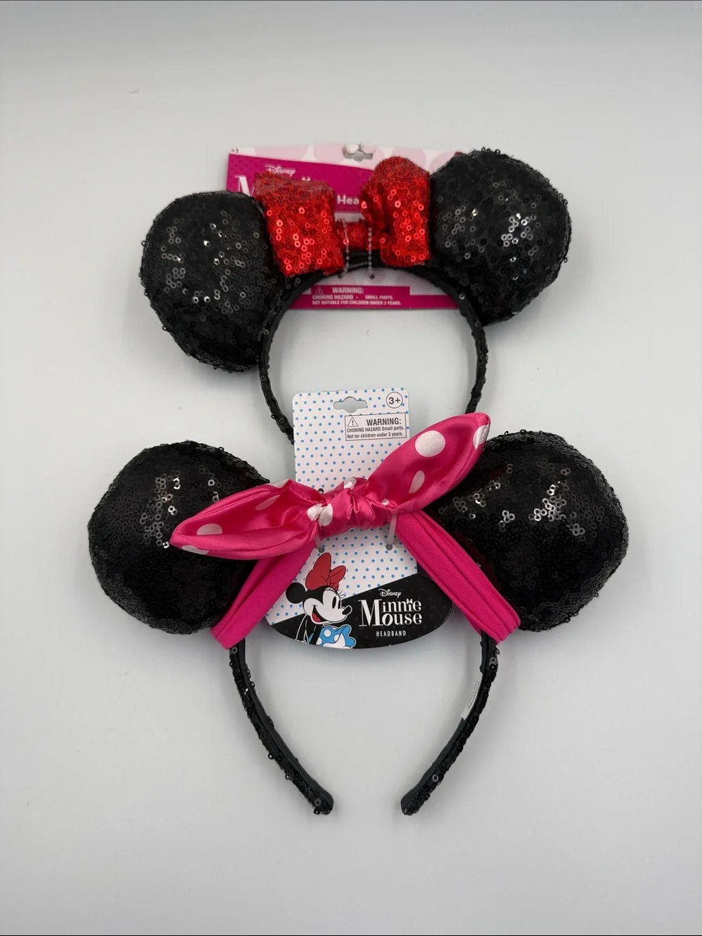 Disney (2 ) Black Sequin Minnie Ear Headbands with Pink and Red Bows